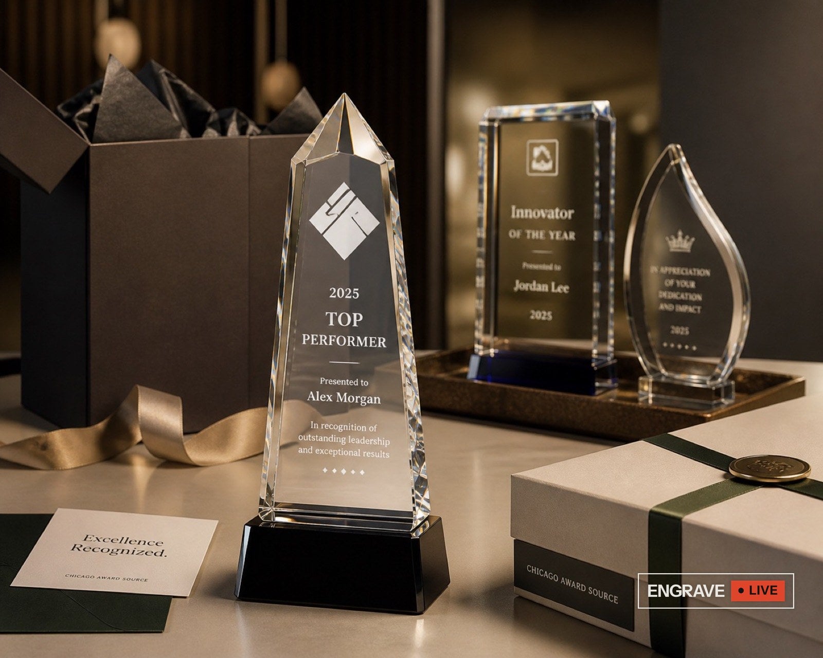Crystal awards with presentation boxes